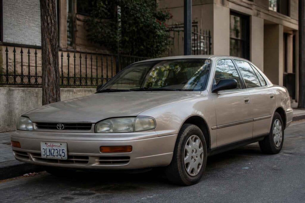 Klasyczna Toyota Camry przy kamienicy Beżowa Toyota Camry zaparkowana przy krawężniku obok kamienicy i ogrodzenia z kutego żelaza