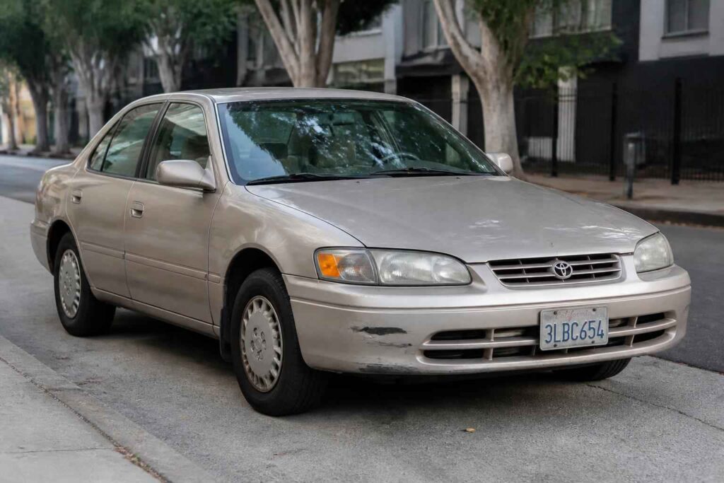Srebrna Toyota Corolla zaparkowana przy krawężniku w miejskiej ulicy ocienionej drzewami